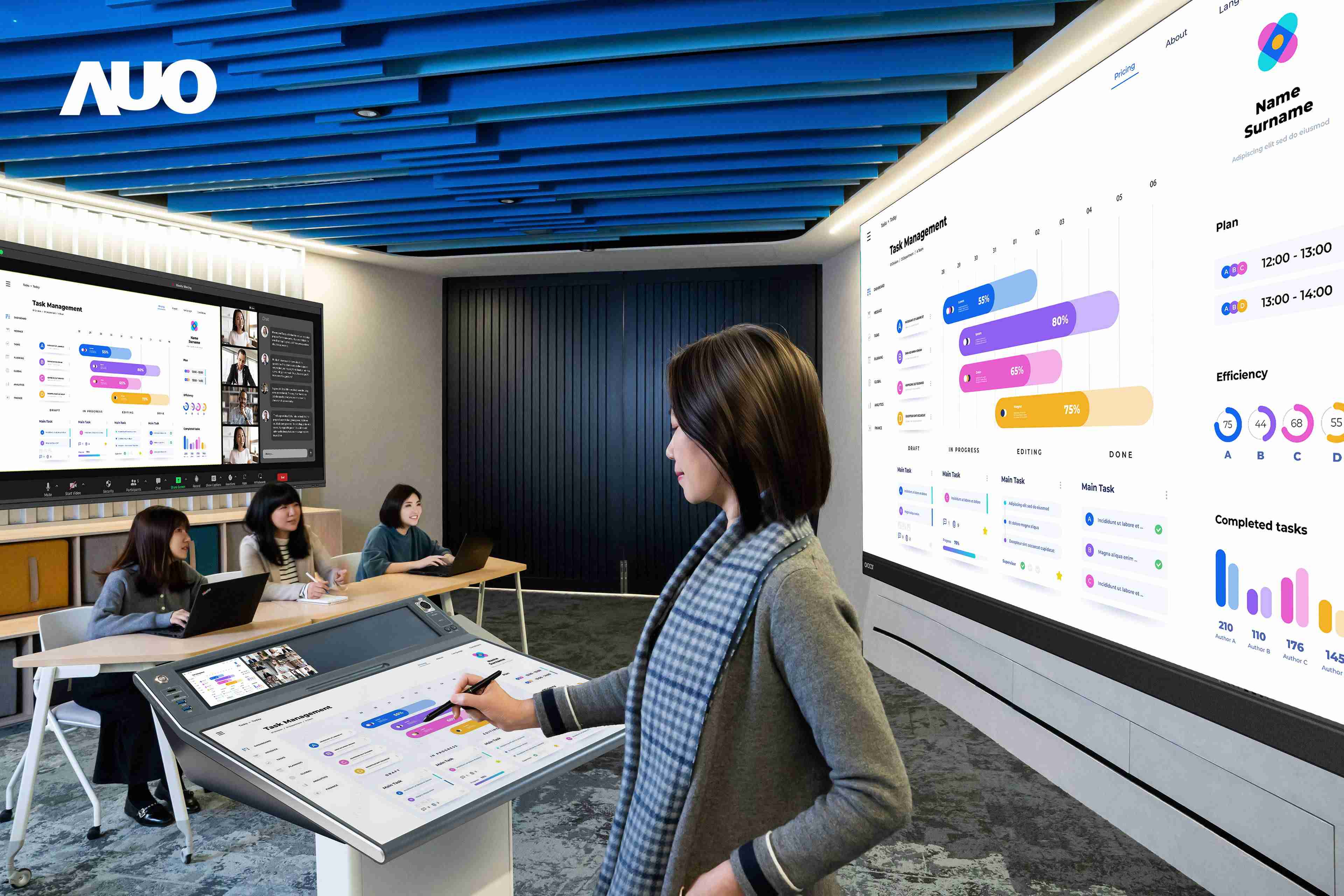 达擎携手Avocor与Rise Vision展示全方位商务领域应用，，，包含采用模块化设计的138吋一体式All-in-One LED显示器及具21:9超宽比例的92吋交互式电子白板（IFPD），，讲者可轻松分享内容，，，有效提升会议协作效率。。。